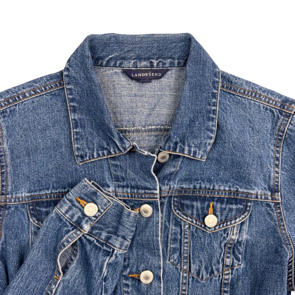 Lands End Womens Blue Denim Trucker Jacket Size S 6-8 Cotton Button Front 0881